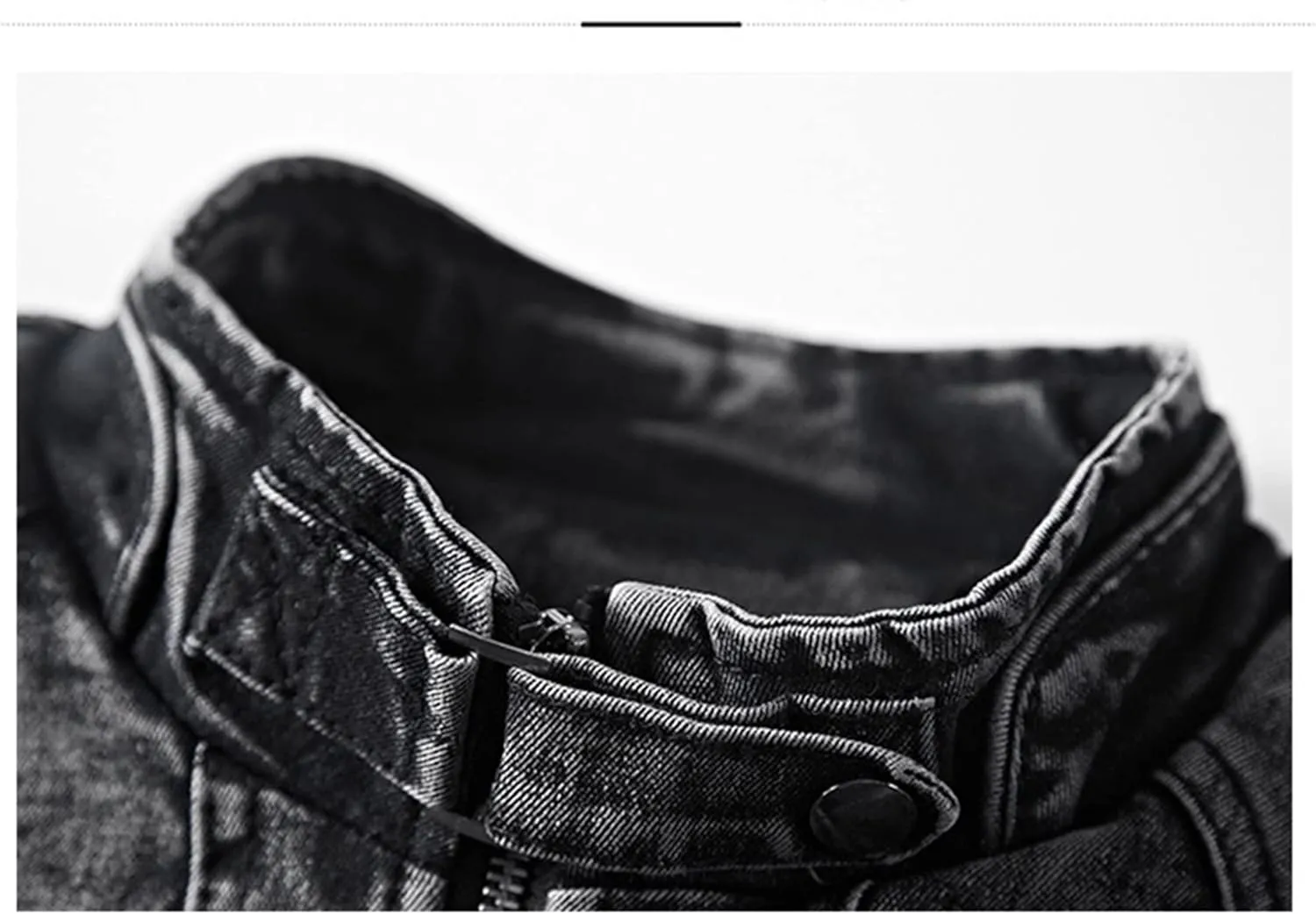 Men's Winter Distressed Denim Jacket Zipper Retro Band Collar Regular Fleece Lined Moto Jacket