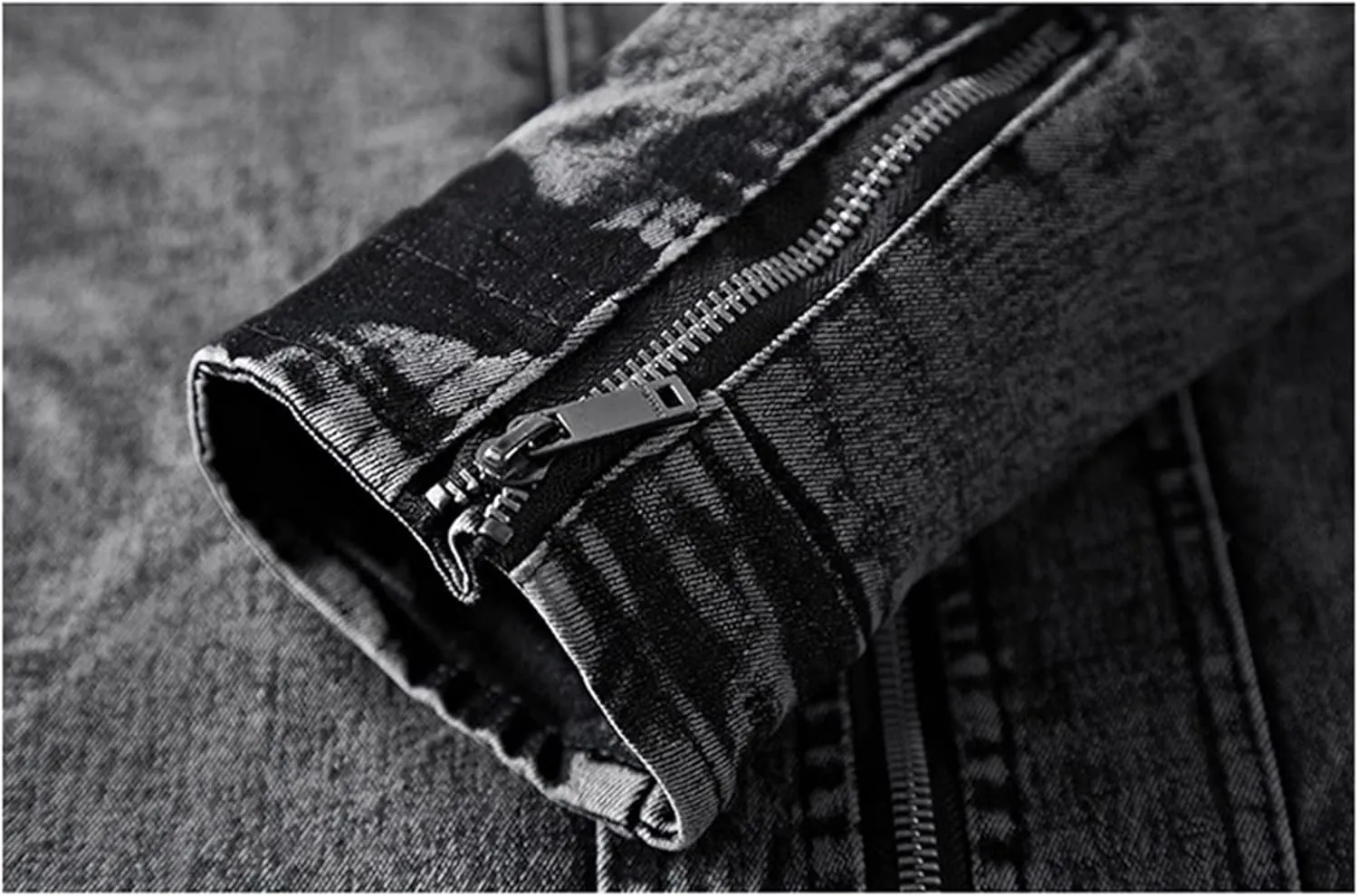 Men's Winter Distressed Denim Jacket Zipper Retro Band Collar Regular Fleece Lined Moto Jacket