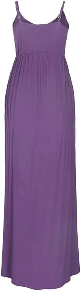 PALINDA Women's Sleeveless Summer V Neck Spaghetti Strap Casual Loose Empire Waist Maxi Dresses