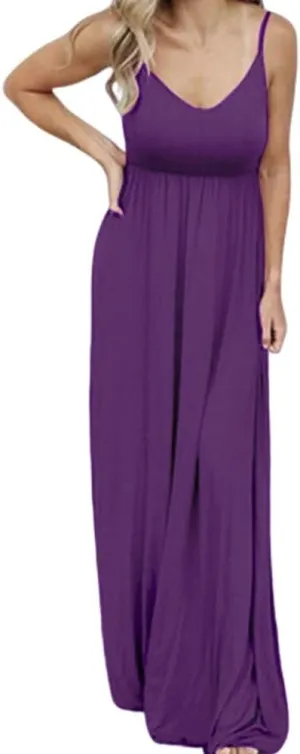 PALINDA Women's Sleeveless Summer V Neck Spaghetti Strap Casual Loose Empire Waist Maxi Dresses