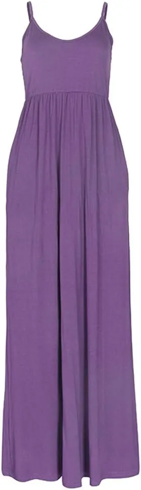 PALINDA Women's Sleeveless Summer V Neck Spaghetti Strap Casual Loose Empire Waist Maxi Dresses
