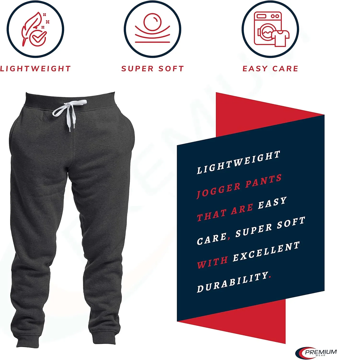 Premium Wear Mens Jogger Sweatpants - Lightweight, Super Soft, 100% Polyester | Elastic Drawstring, Deep Pockets, Tag-Free