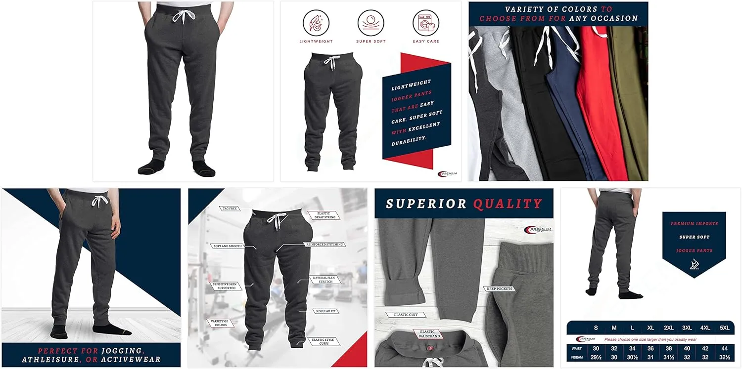 Premium Wear Mens Jogger Sweatpants - Lightweight, Super Soft, 100% Polyester | Elastic Drawstring, Deep Pockets, Tag-Free