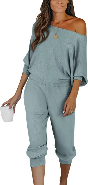 PRETTYGARDEN Women's 2 Piece Ribbed Tracksuit Outfits Off Shoulder Long Sleeve Pullover Lounge Pants with Pockets