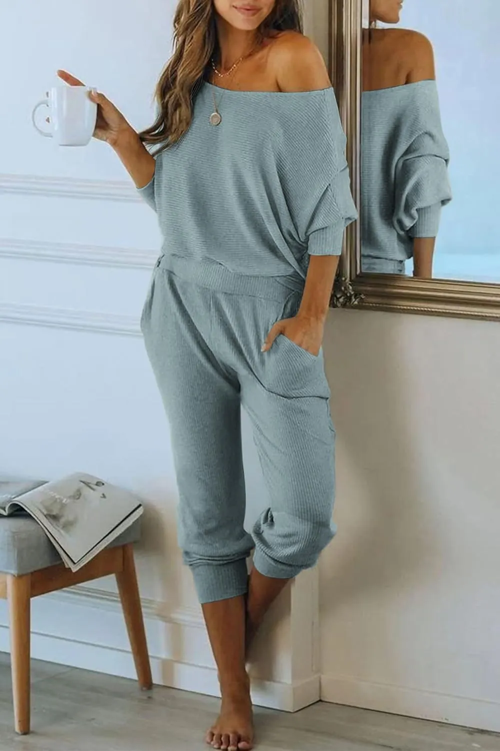 PRETTYGARDEN Women's 2 Piece Ribbed Tracksuit Outfits Off Shoulder Long Sleeve Pullover Lounge Pants with Pockets