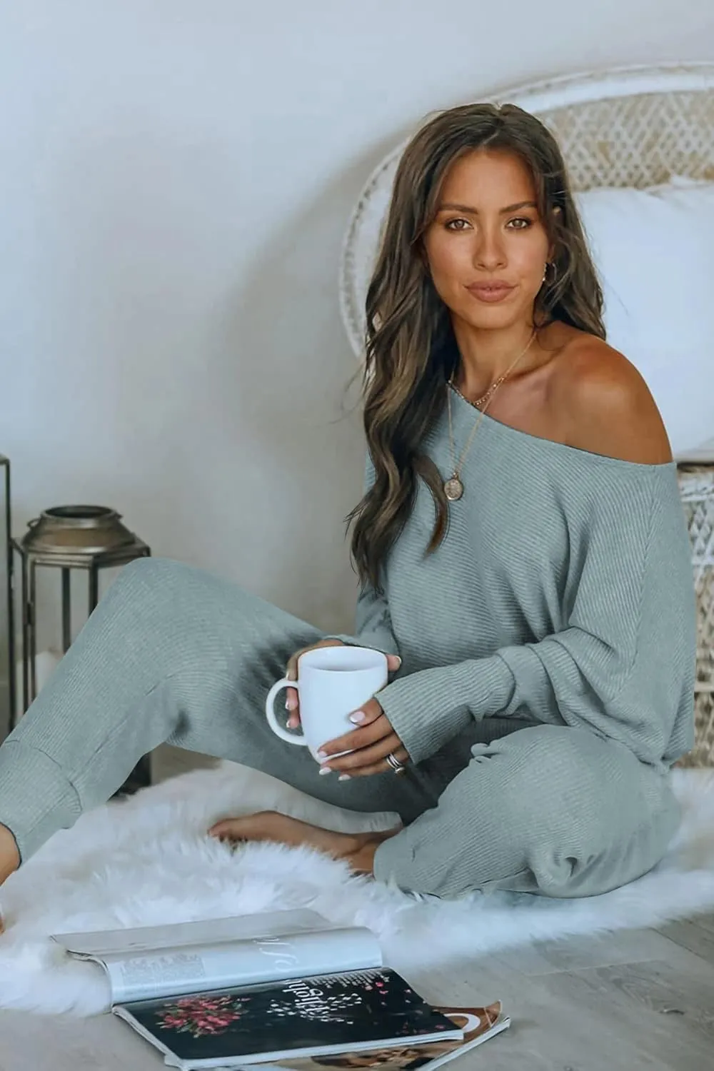PRETTYGARDEN Women's 2 Piece Ribbed Tracksuit Outfits Off Shoulder Long Sleeve Pullover Lounge Pants with Pockets