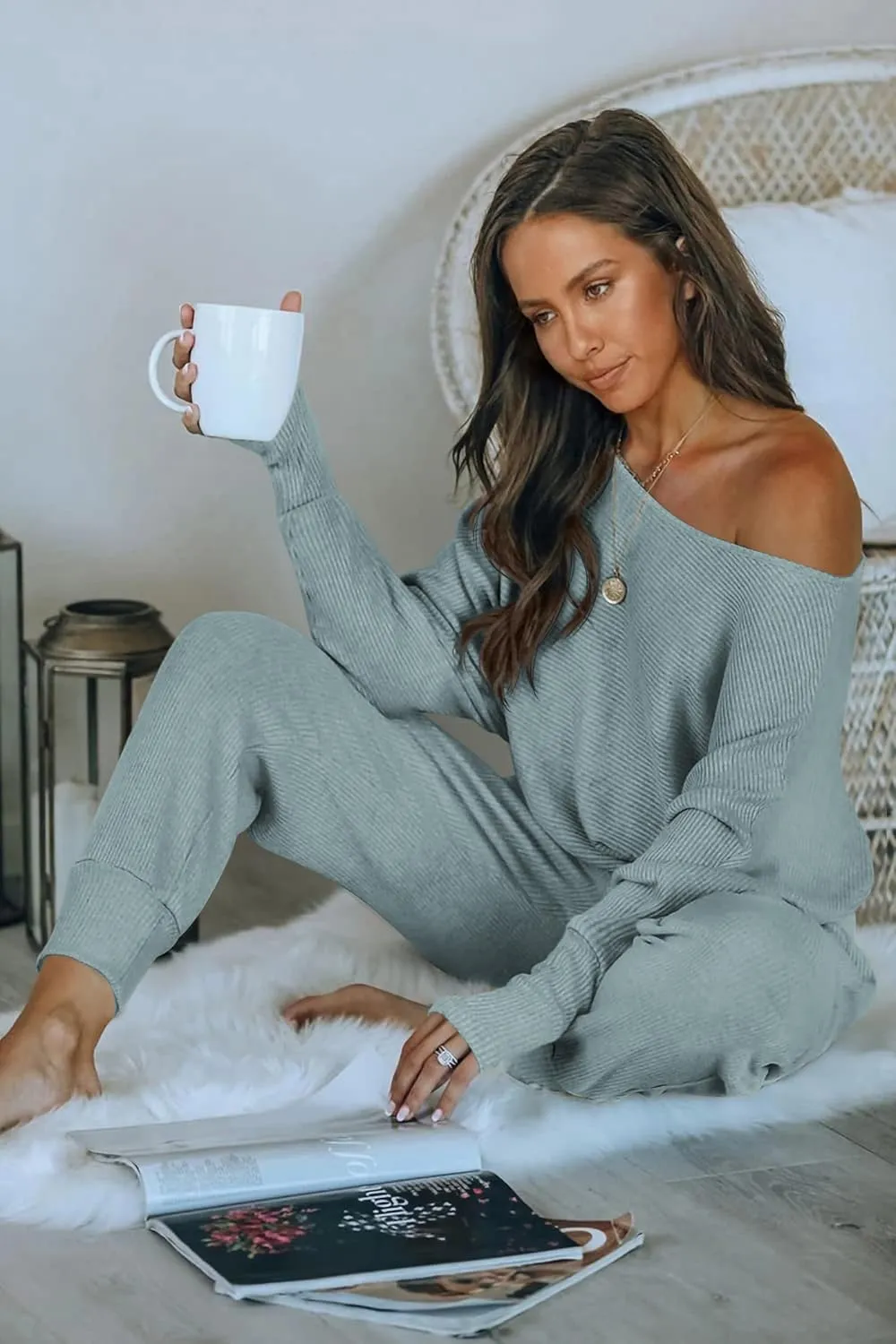 PRETTYGARDEN Women's 2 Piece Ribbed Tracksuit Outfits Off Shoulder Long Sleeve Pullover Lounge Pants with Pockets