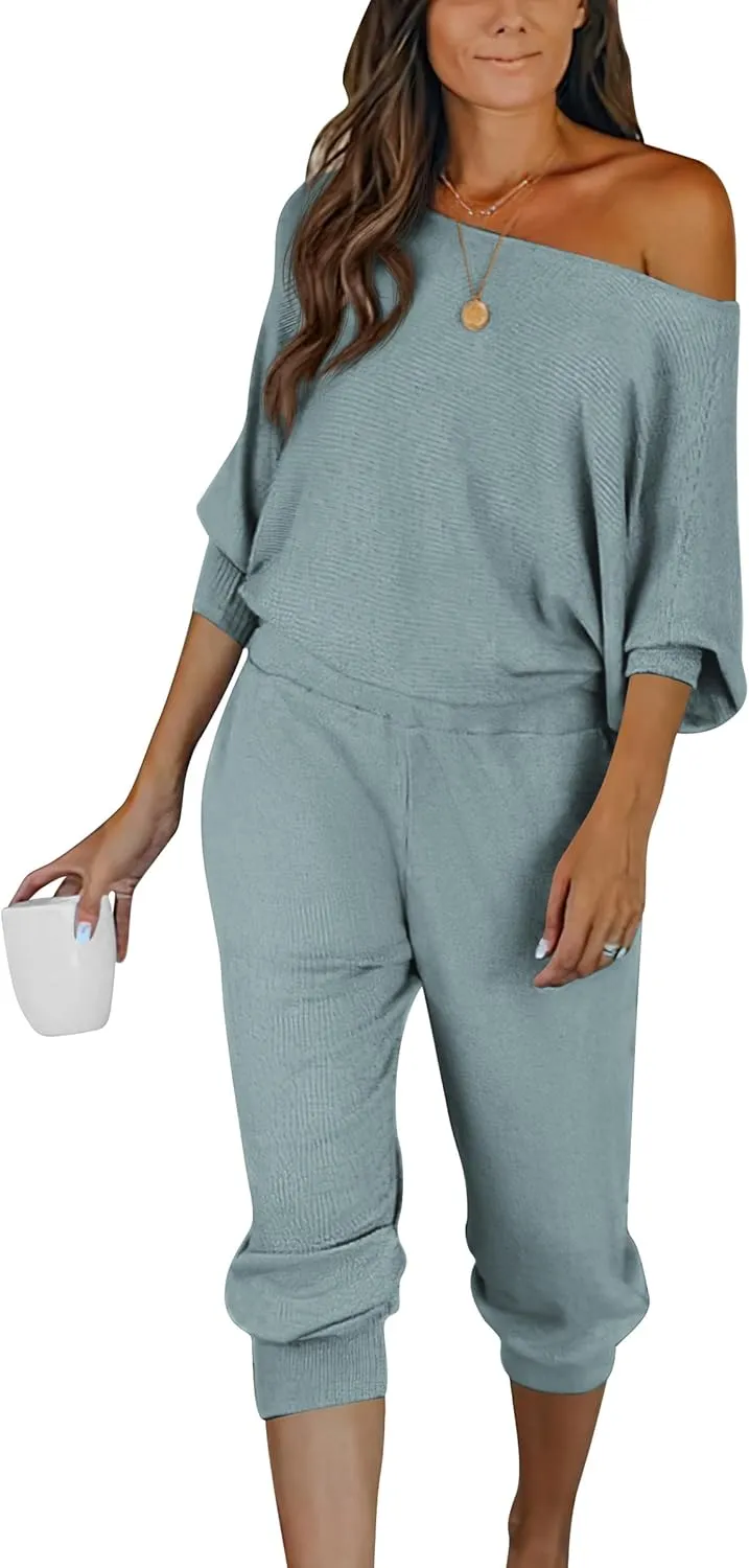 PRETTYGARDEN Women's 2 Piece Ribbed Tracksuit Outfits Off Shoulder Long Sleeve Pullover Lounge Pants with Pockets