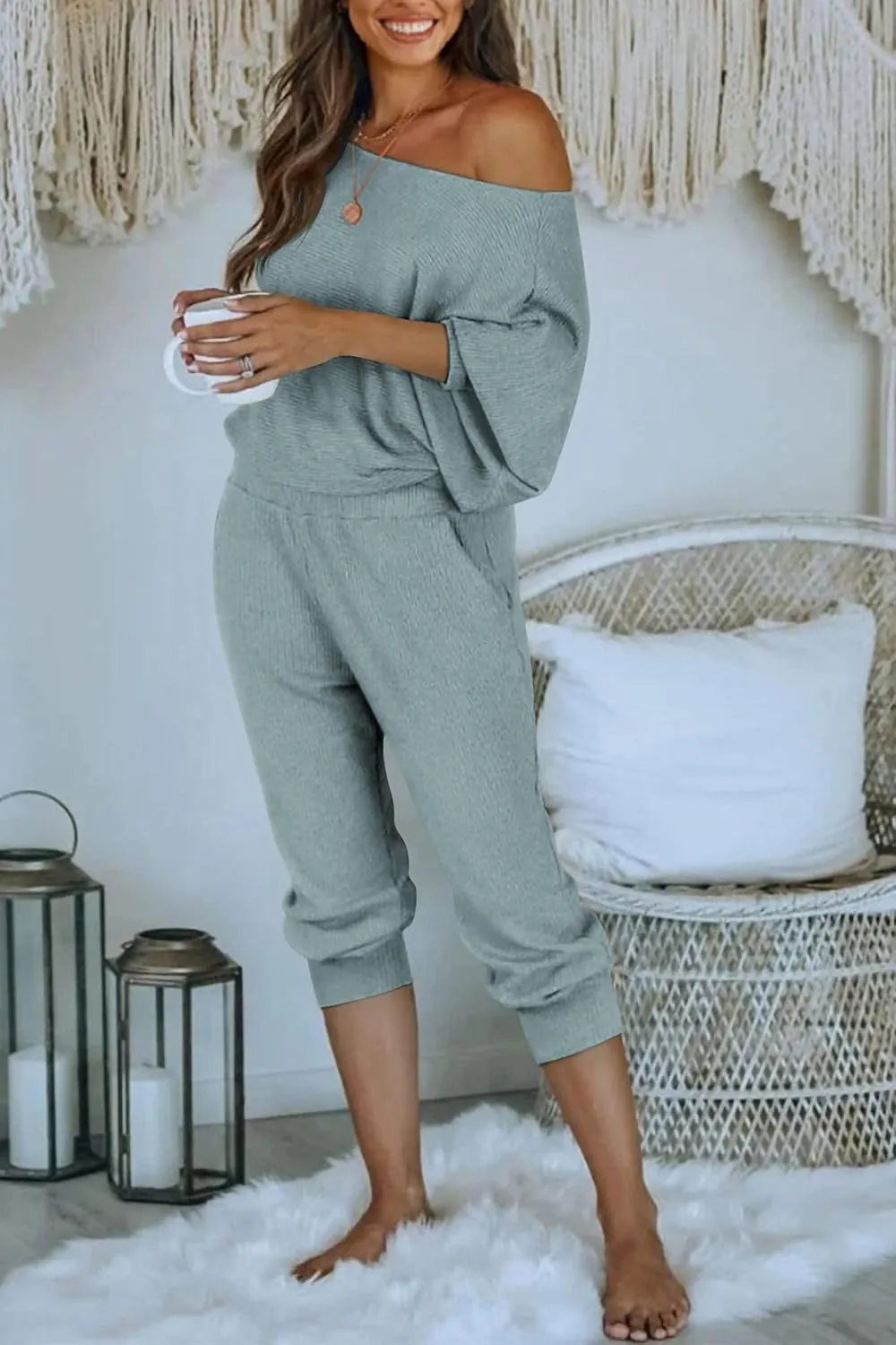 PRETTYGARDEN Women's 2 Piece Ribbed Tracksuit Outfits Off Shoulder Long Sleeve Pullover Lounge Pants with Pockets