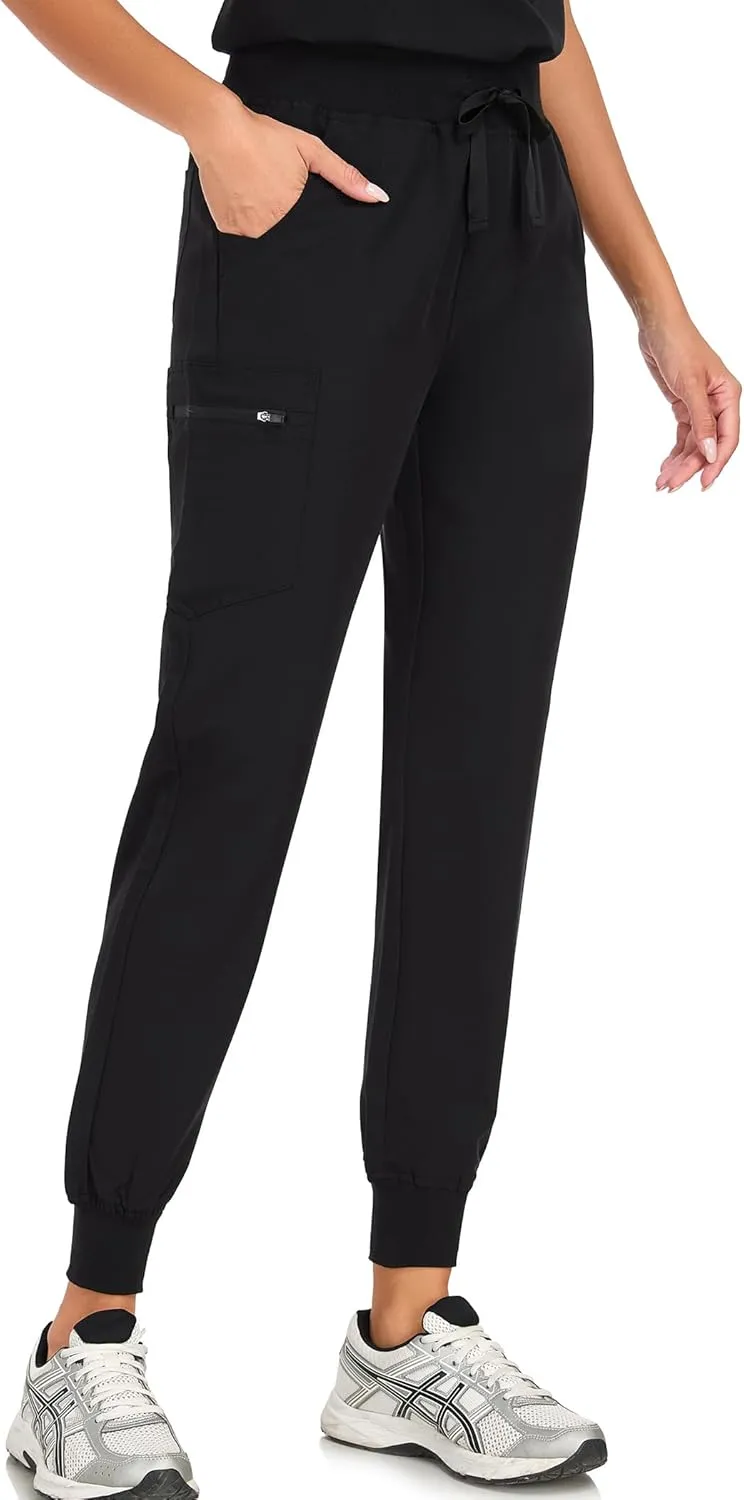 Scrub Pants for Women Four Way Stretch Joggers High Rise Zipper Cargo Pants with 5 Pockets