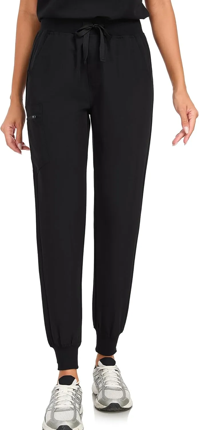 Scrub Pants for Women Four Way Stretch Joggers High Rise Zipper Cargo Pants with 5 Pockets