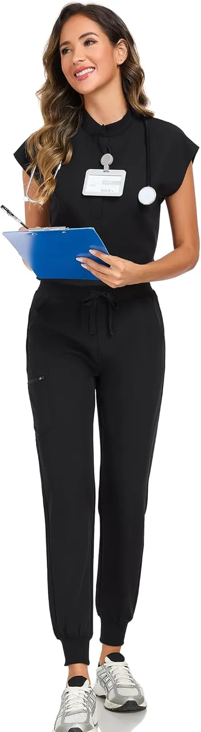 Scrub Pants for Women Four Way Stretch Joggers High Rise Zipper Cargo Pants with 5 Pockets