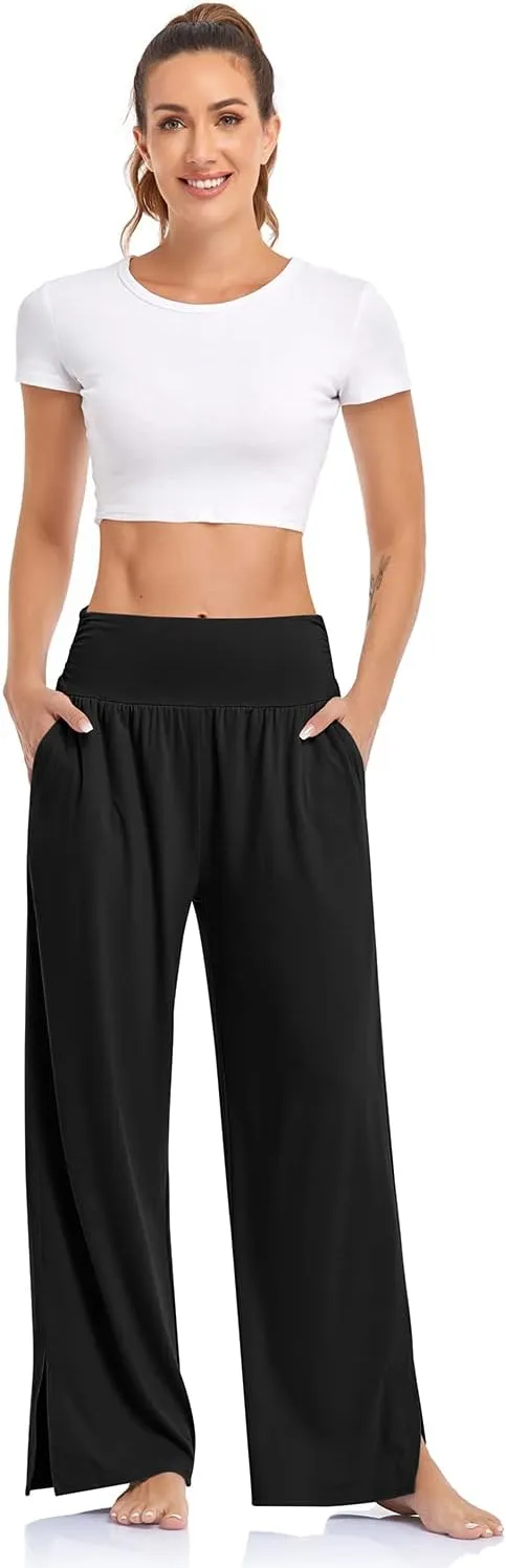 UEU Womens Wide Leg Yoga Pants High Waisted Adjustable Tie Knot Joggers Casual Loose Plus Size Lounge Sweatpants with Pockets