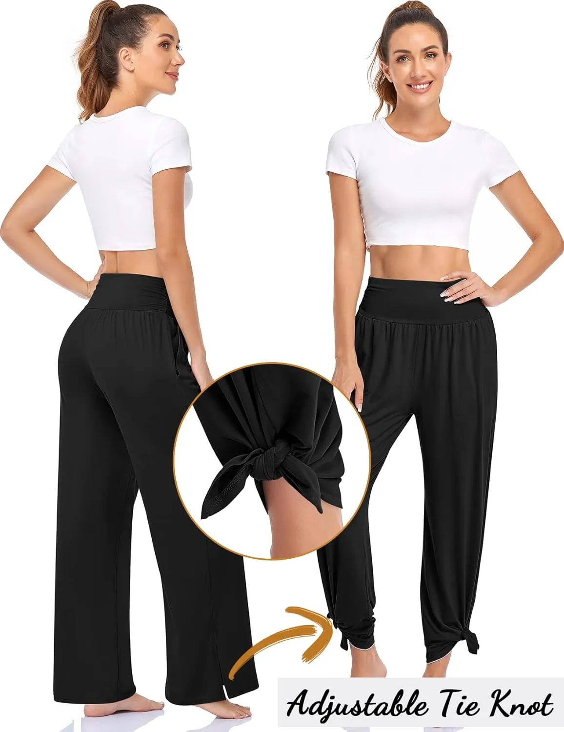 UEU Womens Wide Leg Yoga Pants High Waisted Adjustable Tie Knot Joggers Casual Loose Plus Size Lounge Sweatpants with Pockets
