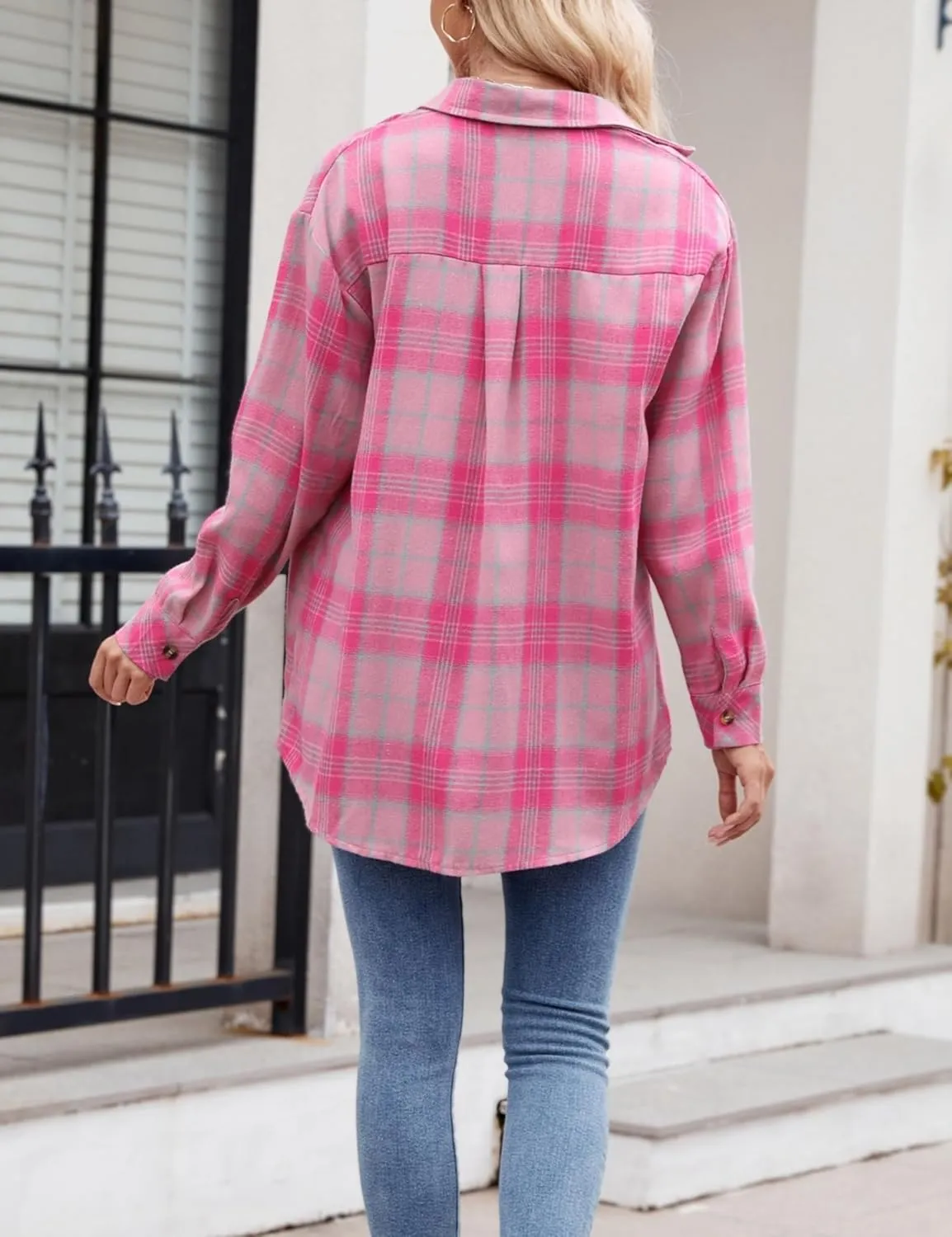 Wanzetaly Womens Casual Oversized Flannel Plaid Button Down Long Sleeve Shirts Fashion Blouse Tops with Pocket