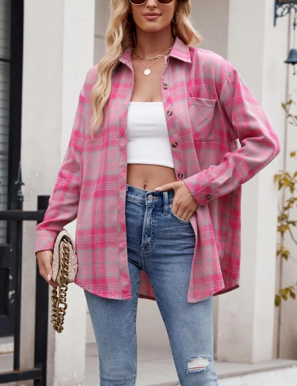 Wanzetaly Womens Casual Oversized Flannel Plaid Button Down Long Sleeve Shirts Fashion Blouse Tops with Pocket