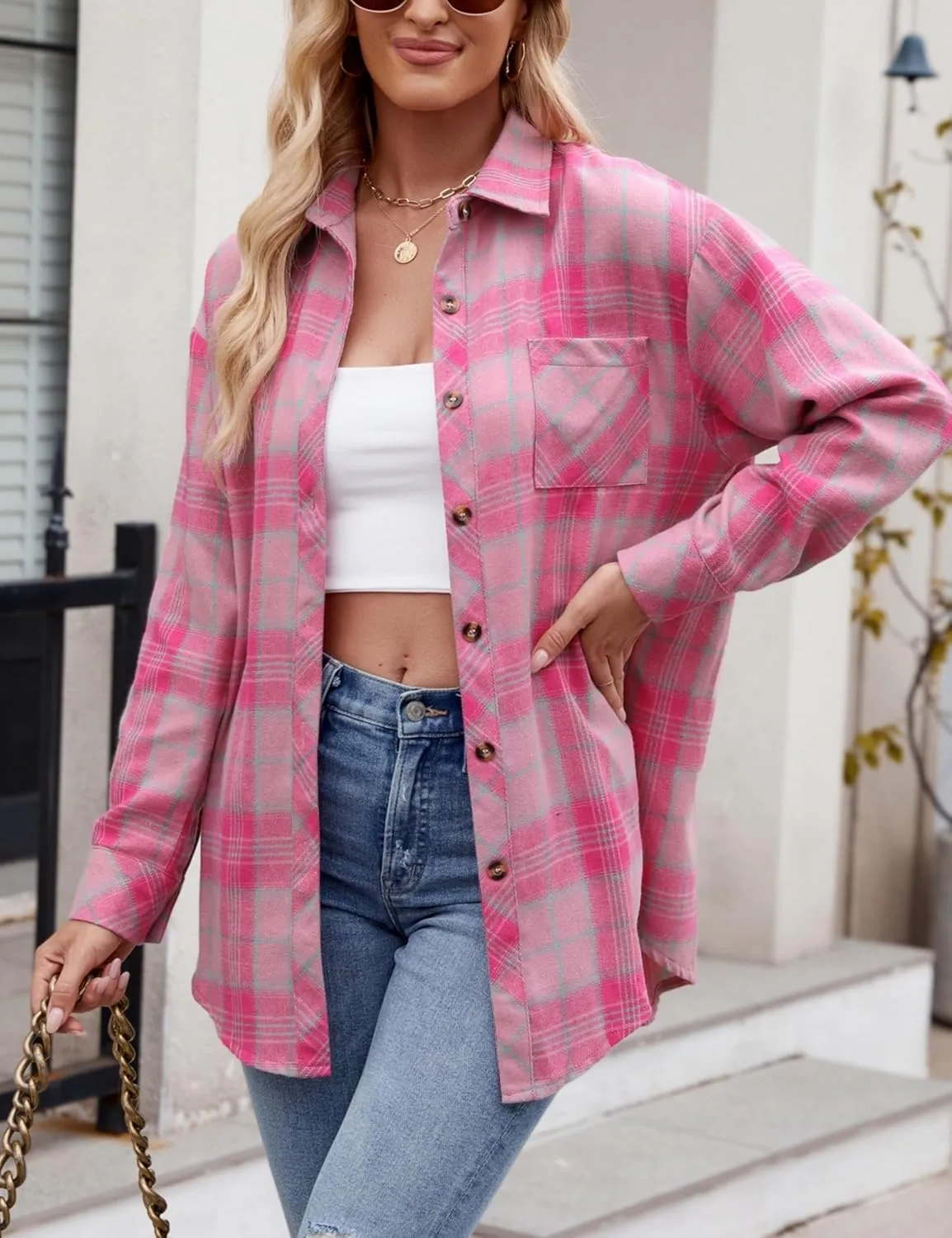 Wanzetaly Womens Casual Oversized Flannel Plaid Button Down Long Sleeve Shirts Fashion Blouse Tops with Pocket