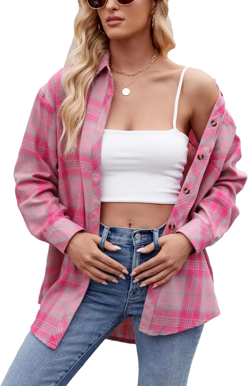 Wanzetaly Womens Casual Oversized Flannel Plaid Button Down Long Sleeve Shirts Fashion Blouse Tops with Pocket