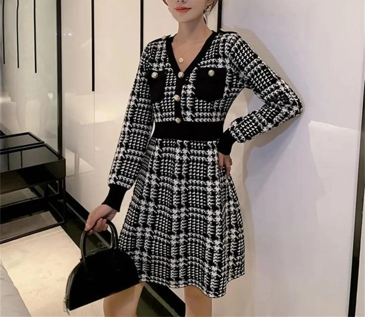 Women's Houndstooth Knit Sweater Dress - A-Line Office Long Sleeve Autumn Elegant Dress