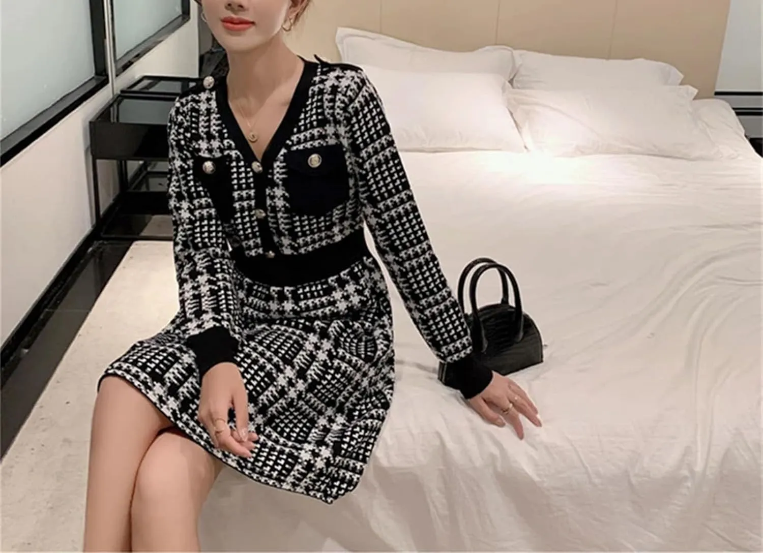 Women's Houndstooth Knit Sweater Dress - A-Line Office Long Sleeve Autumn Elegant Dress