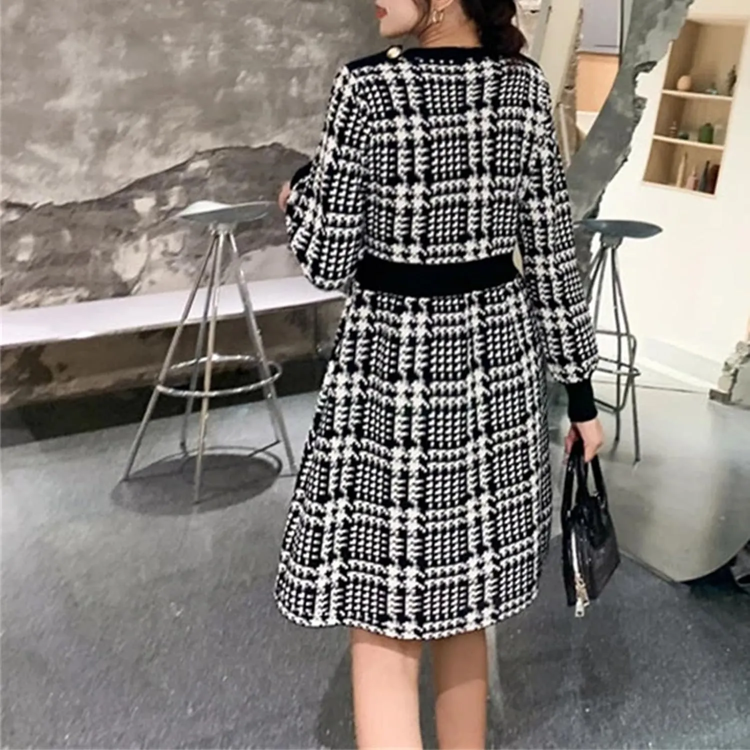 Women's Houndstooth Knit Sweater Dress - A-Line Office Long Sleeve Autumn Elegant Dress