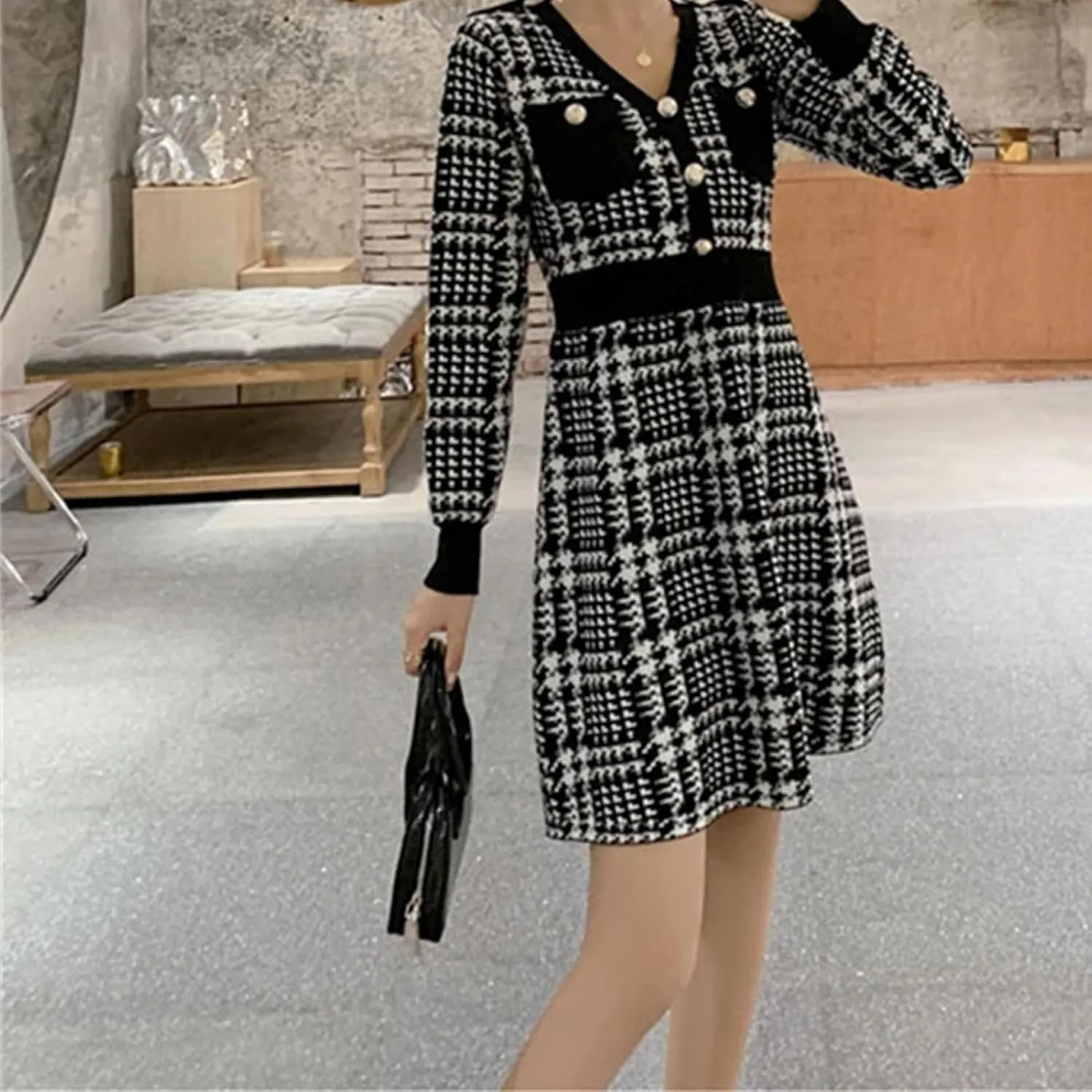 Women's Houndstooth Knit Sweater Dress - A-Line Office Long Sleeve Autumn Elegant Dress