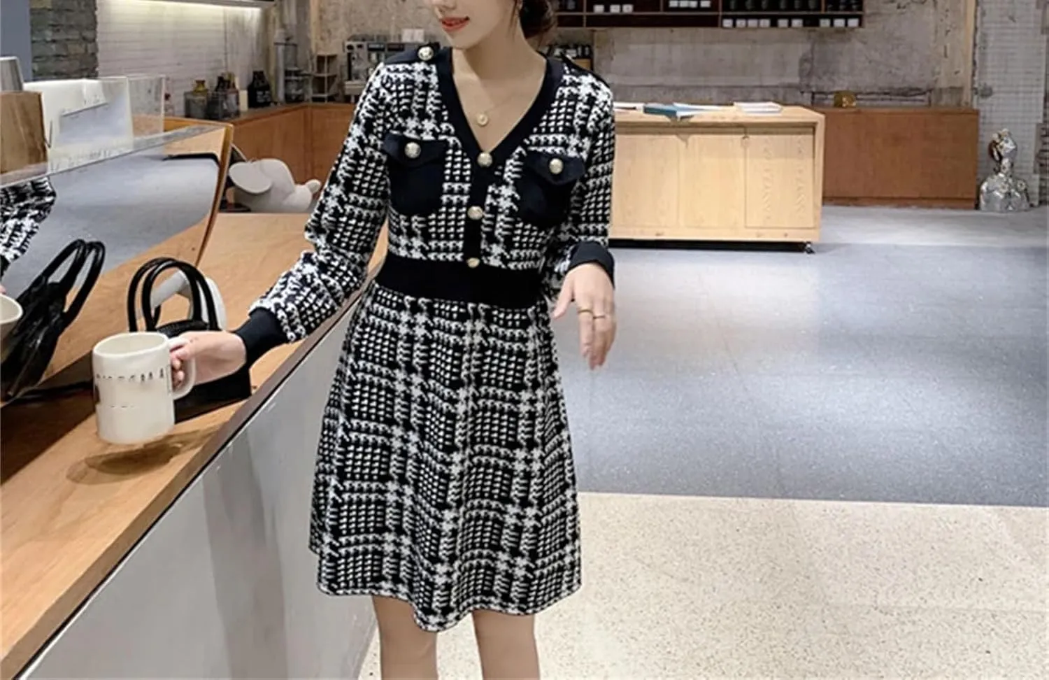 Women's Houndstooth Knit Sweater Dress - A-Line Office Long Sleeve Autumn Elegant Dress
