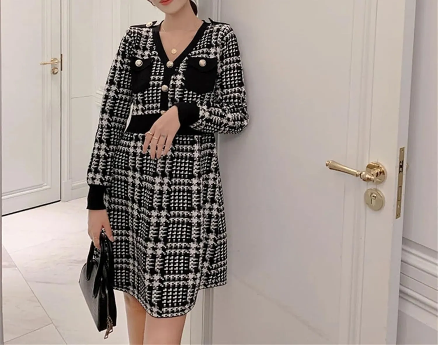 Women's Houndstooth Knit Sweater Dress - A-Line Office Long Sleeve Autumn Elegant Dress