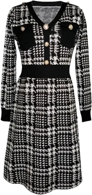 Women's Houndstooth Knit Sweater Dress - A-Line Office Long Sleeve Autumn Elegant Dress