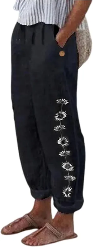 Womens Linen Pants with Pockets Loose Elastic High Waisted Comfy Beach Trousers Summer Lightweight Embroidered Casual Pants